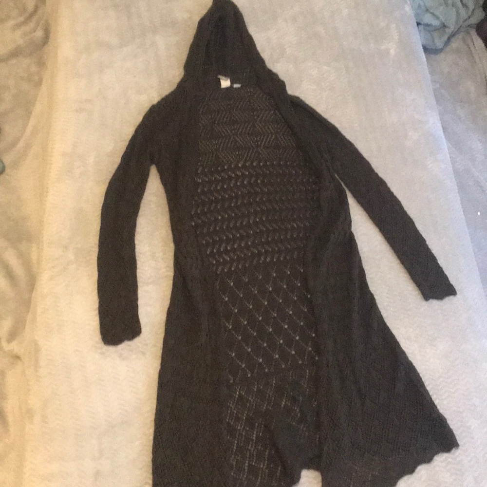 Forest green body length cardigan with a hood!